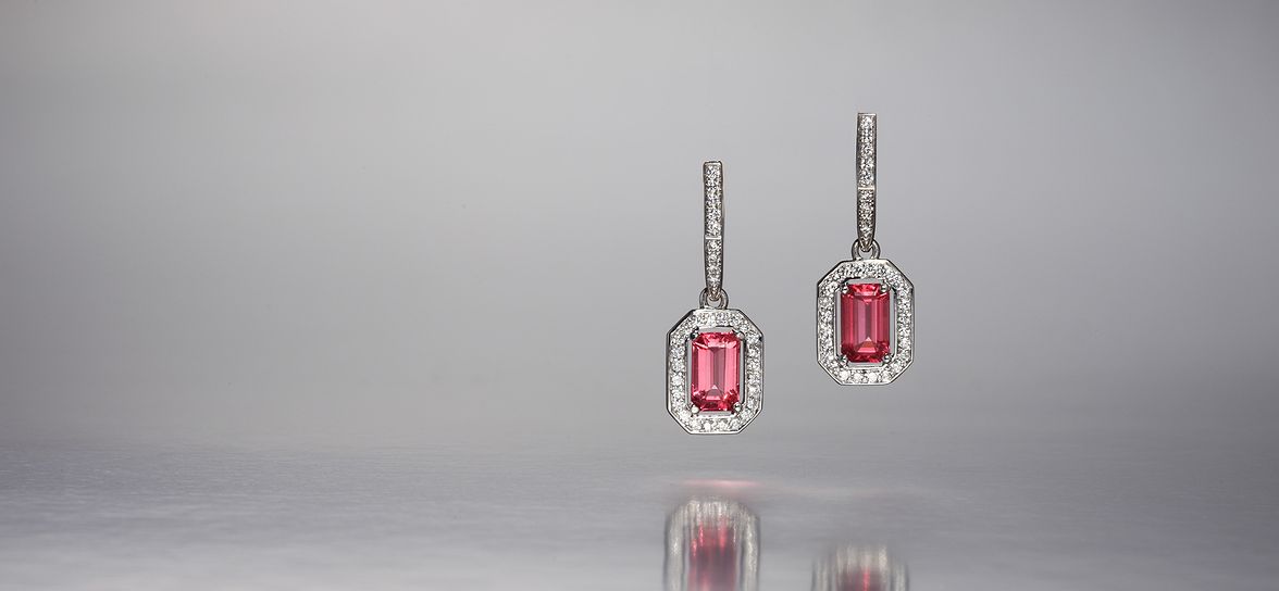Pink spinel diamond platinum earrings 